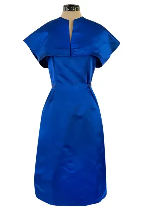 1950s Brilliant Blue Silk Satin Dress w Wrap Detailing & Matching Cropped Bolero Jacket