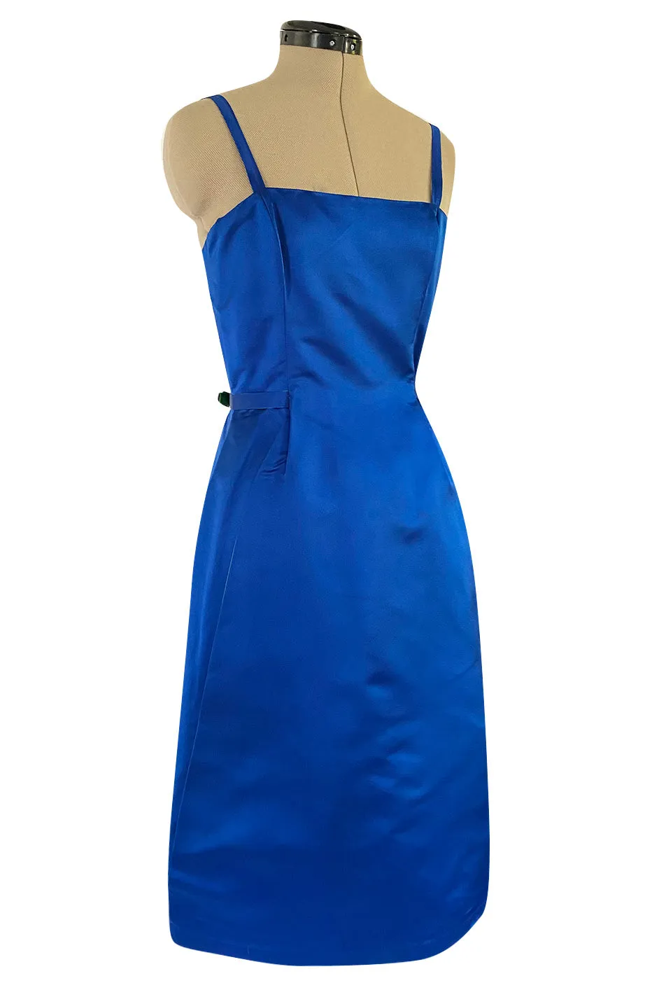 1950s Brilliant Blue Silk Satin Dress w Wrap Detailing & Matching Cropped Bolero Jacket