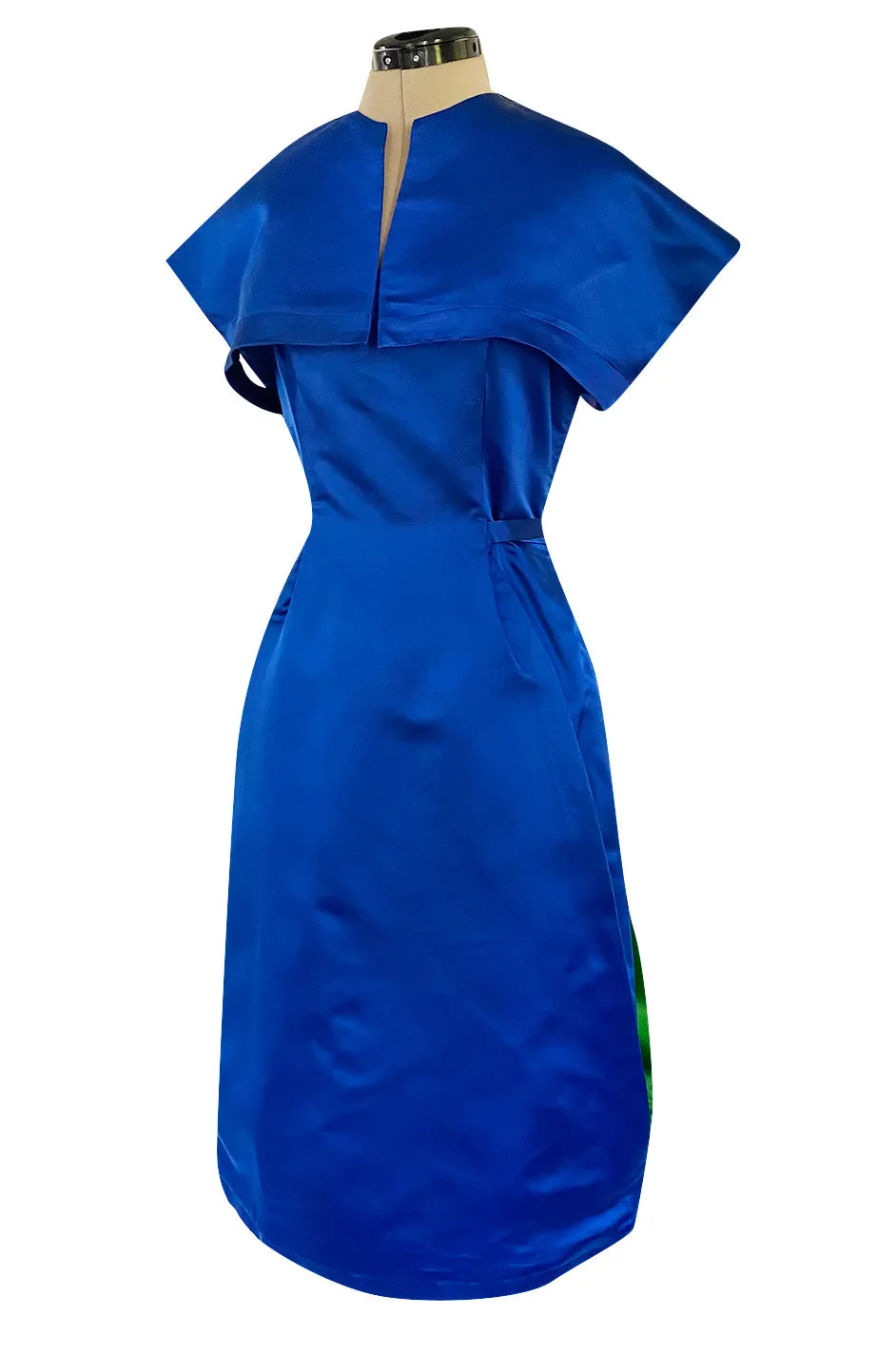 1950s Brilliant Blue Silk Satin Dress w Wrap Detailing & Matching Cropped Bolero Jacket