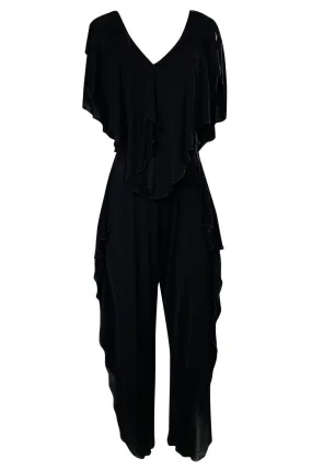 1970s Holly's Harp Black Jersey Ruffled Edge Pant & V Front Top Set