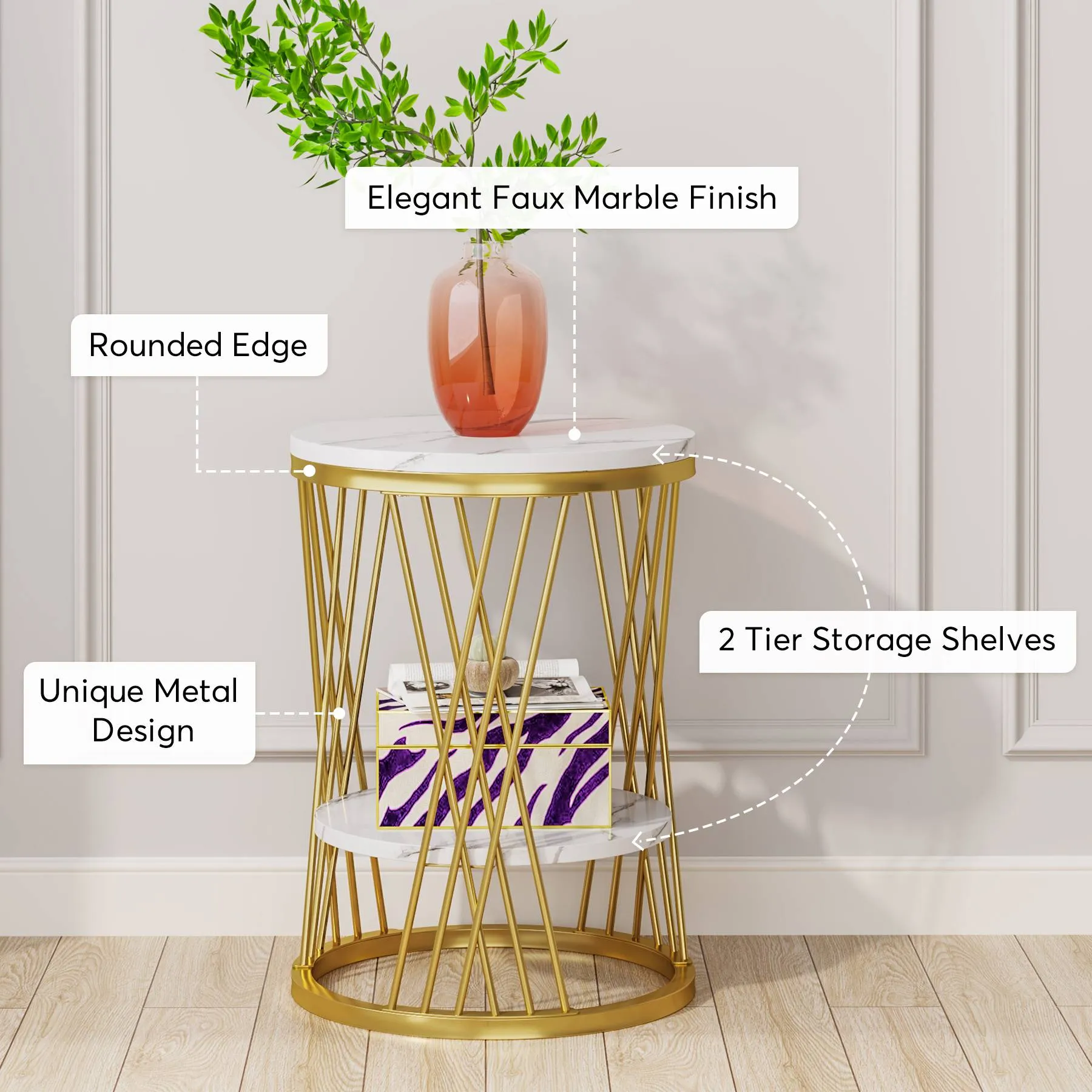 2-Tier End Table, Round Bedside Table with Faux Marble Shelves