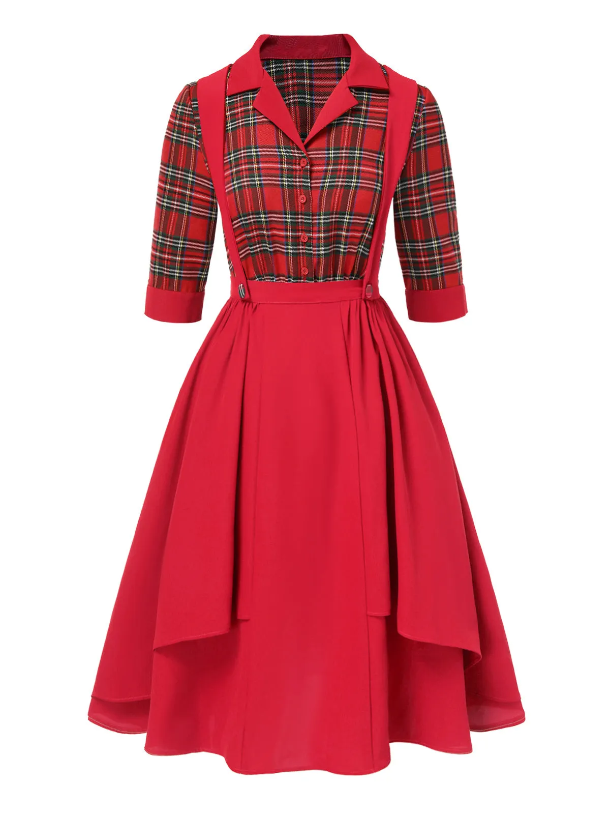 2PCS Red 1940s Plaid Shirt & Suspender Skirt