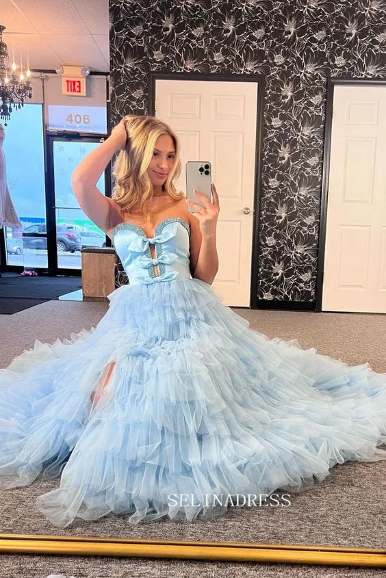 A-line Sweetheart Light Sky Blue Prom Dresses Tulle Layered Long Evening Dress lpk515