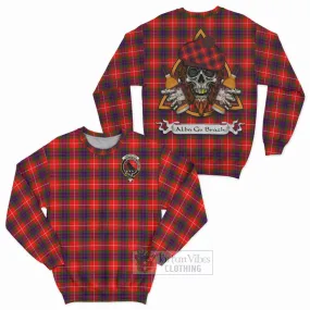 Abernethy Tartan Sweatshirt with Family Crest and Bearded Skull Holding Bottles of Whiskey