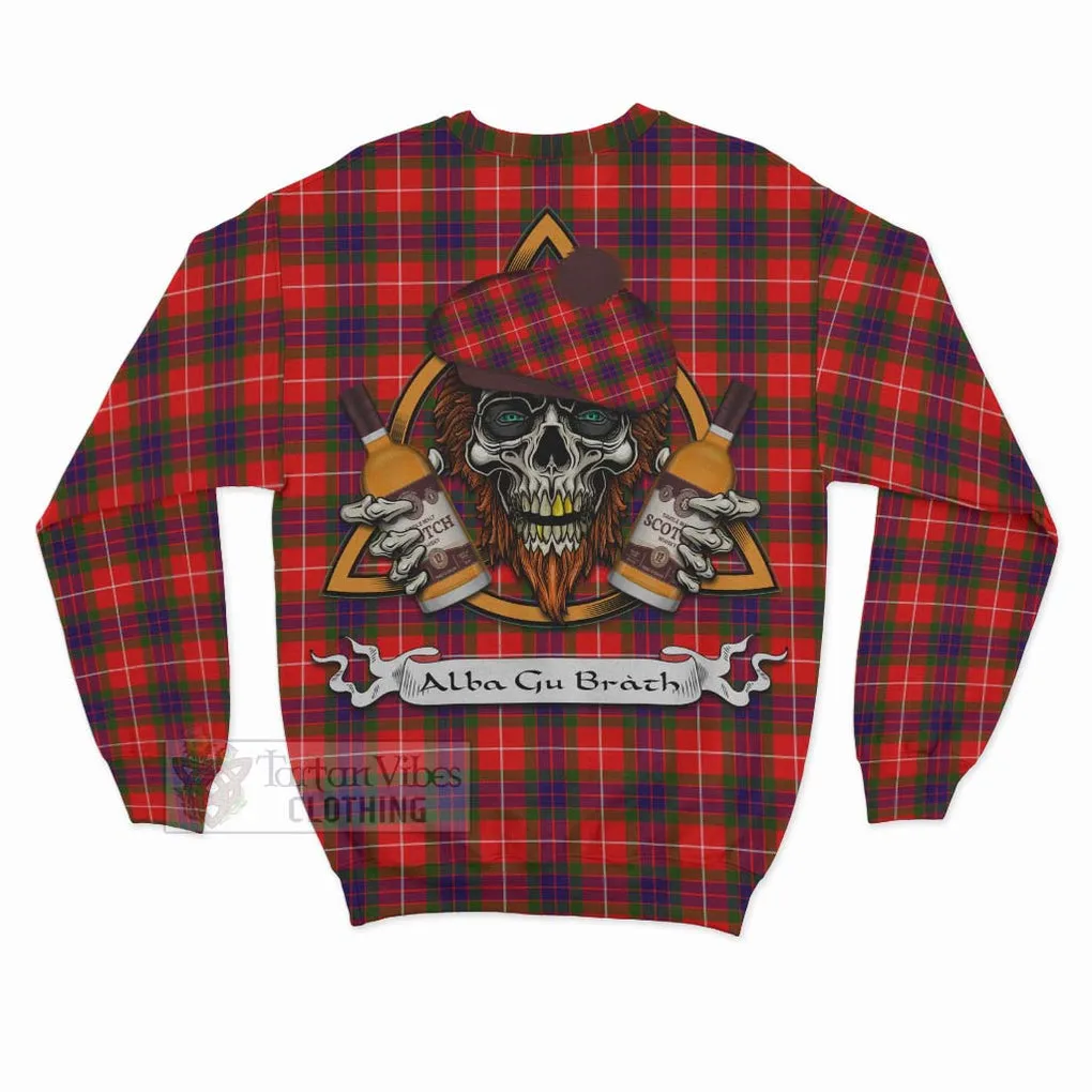 Abernethy Tartan Sweatshirt with Family Crest and Bearded Skull Holding Bottles of Whiskey