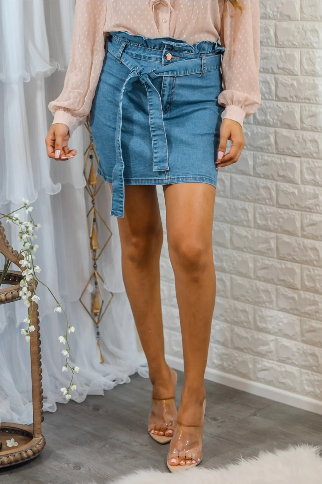 Aleva Paper Bag Denim Mini Skirt