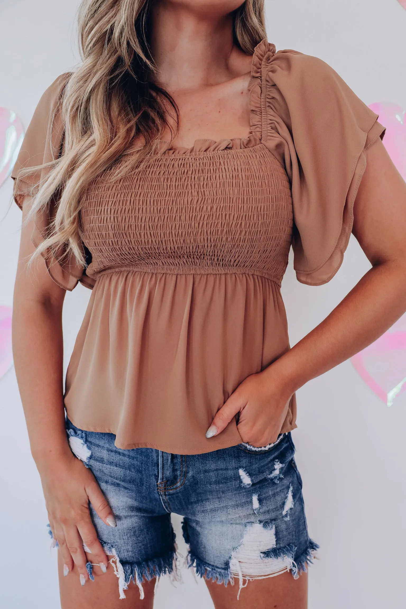 Angel Wing Peplum Chiffon Blouse - Latte