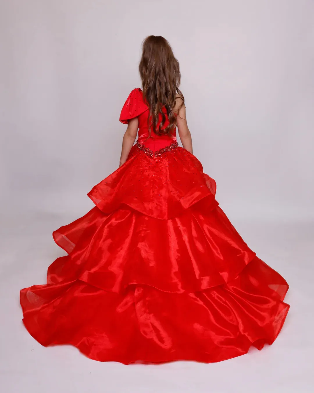 Ava Presley Girls 39891 Long Pageant Ball Gown One Shoulder Layer Ruffle Bow Drop Waist Formal