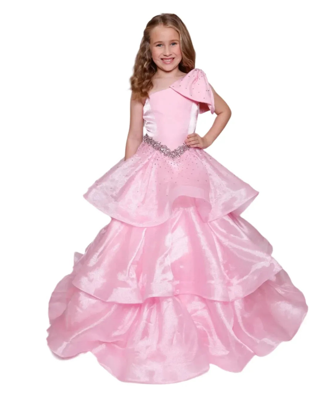 Ava Presley Girls 39891 Long Pageant Ball Gown One Shoulder Layer Ruffle Bow Drop Waist Formal