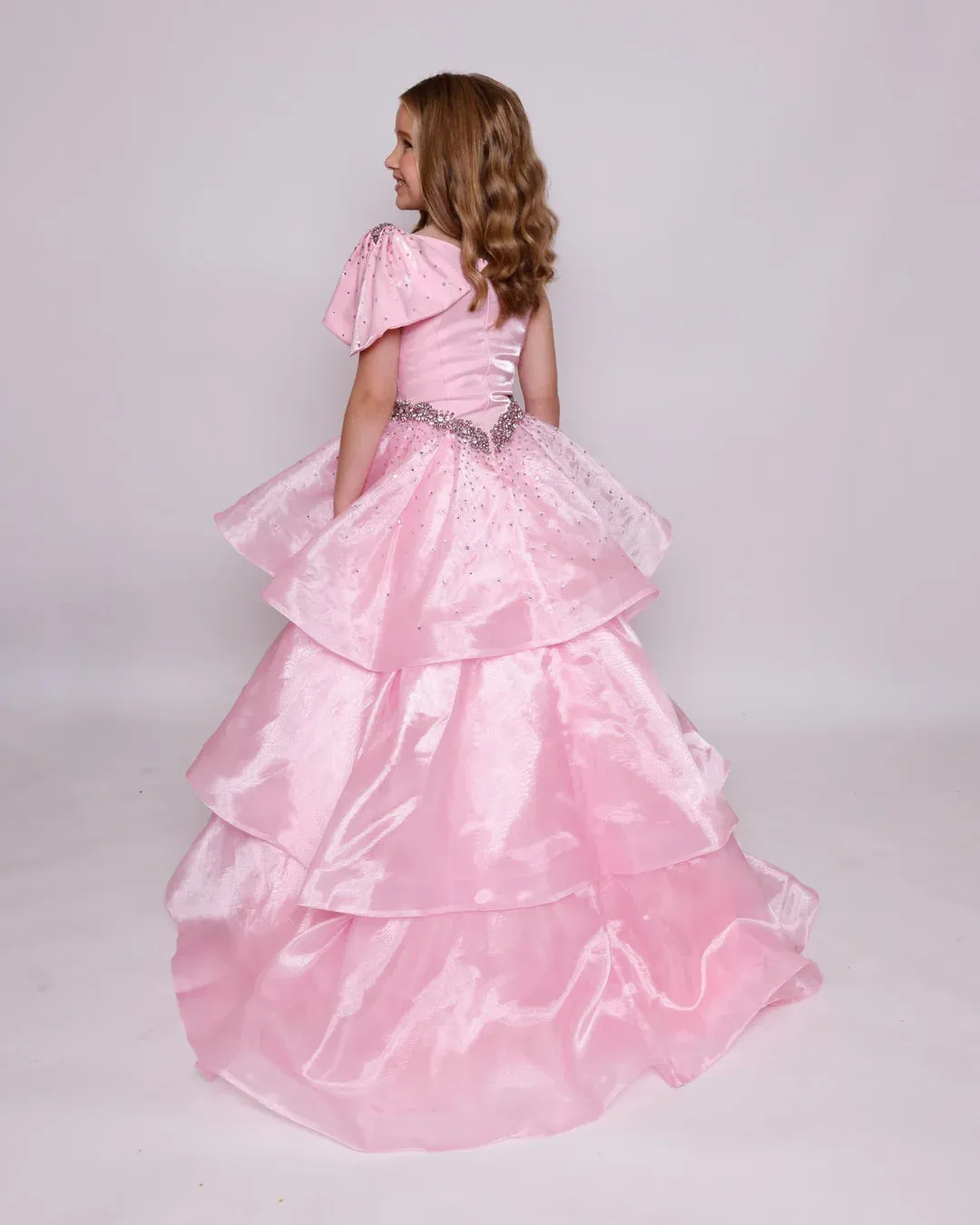 Ava Presley Girls 39891 Long Pageant Ball Gown One Shoulder Layer Ruffle Bow Drop Waist Formal