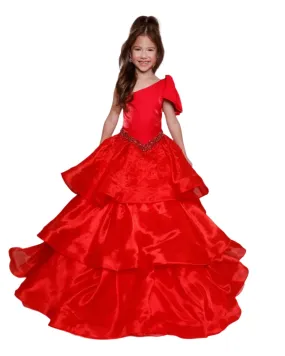 Ava Presley Girls 39891 Long Pageant Ball Gown One Shoulder Layer Ruffle Bow Drop Waist Formal