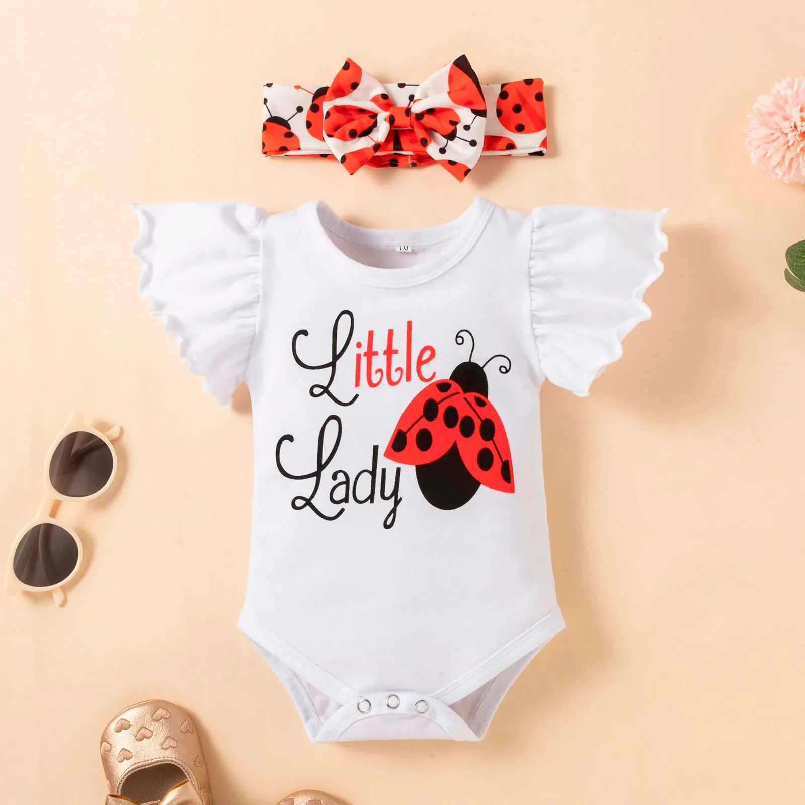 Baby Boys Girls Clothes Sets Fly Sleeve Bodysuit Tops Cartoon Shorts Pants Headband 3PCS Clothes Set Outfits 0-2 Years Infant