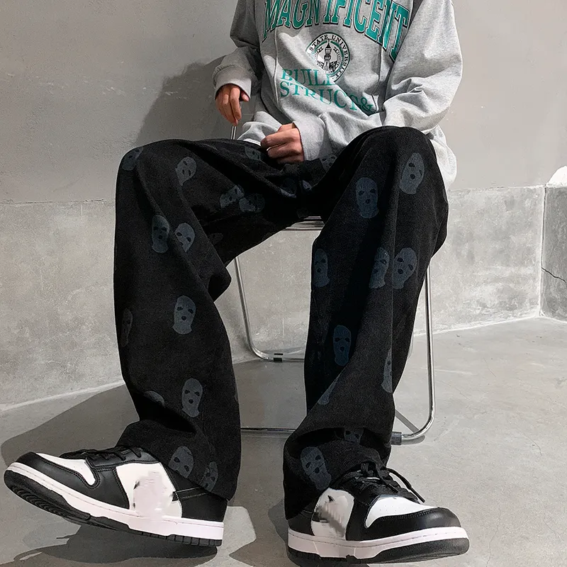 Baggy Corduroy Men Wide Pants Spring Fashion Design Print Trousers Hiphop Straight Sweatpants Oversized Bottoms Man Y2k Clothes