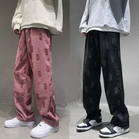 Baggy Corduroy Men Wide Pants Spring Fashion Design Print Trousers Hiphop Straight Sweatpants Oversized Bottoms Man Y2k Clothes