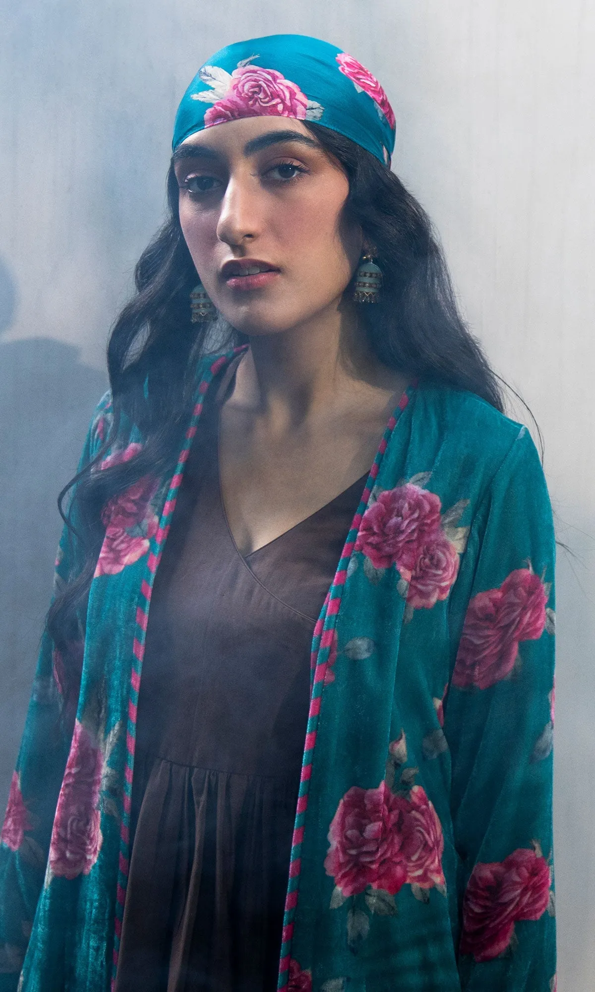 Bareen Silk velvet floral Teal jacket with angrakha and palazzo - Set of 3