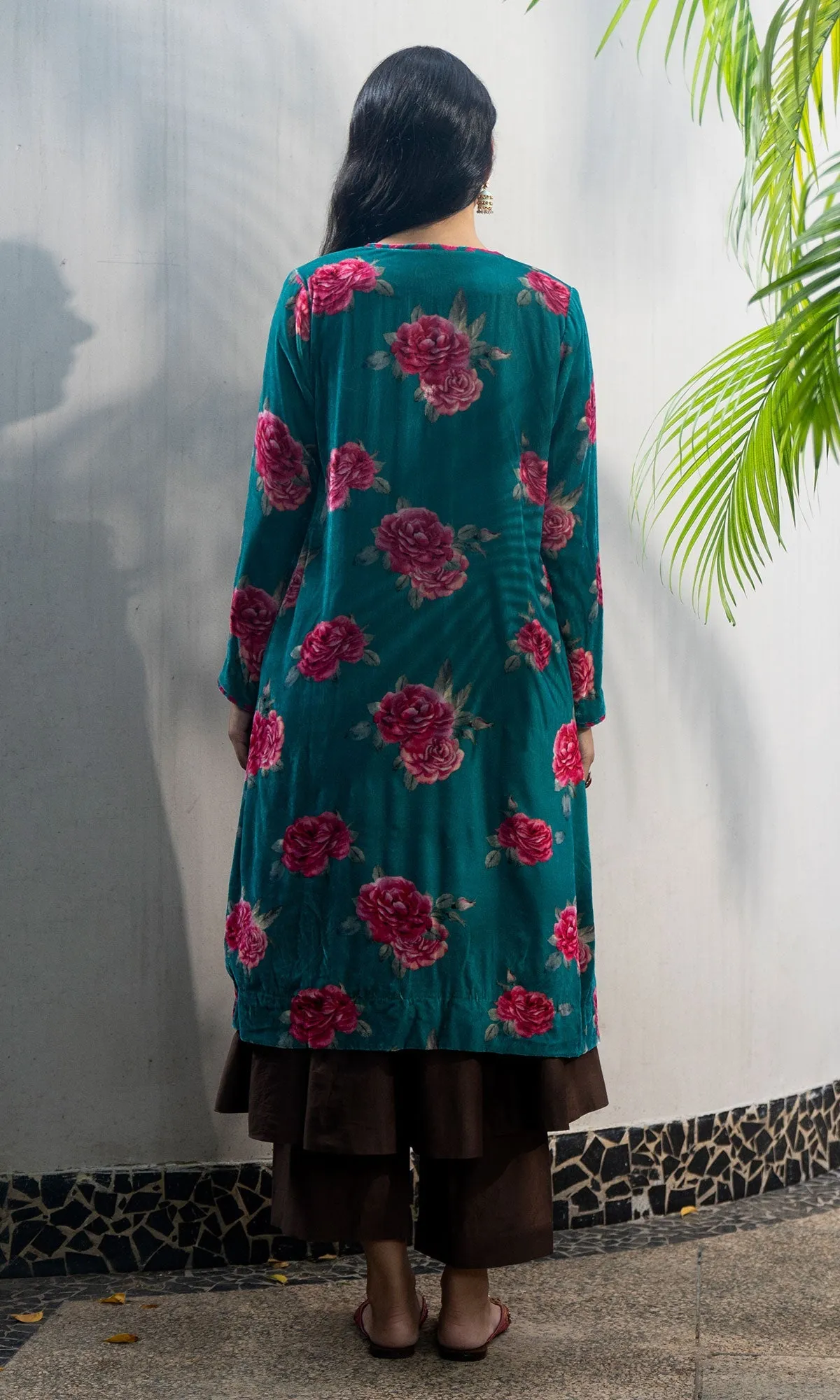 Bareen Silk velvet floral Teal jacket with angrakha and palazzo - Set of 3