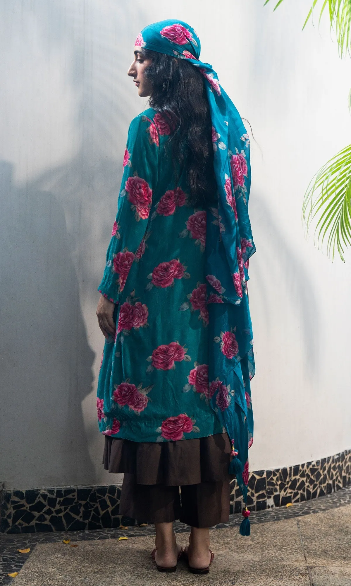 Bareen Silk velvet floral Teal jacket with angrakha and palazzo - Set of 3