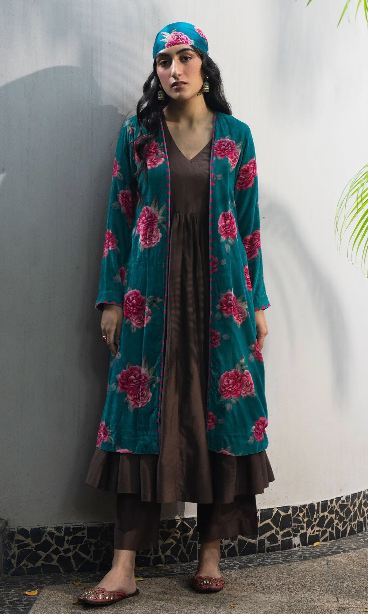 Bareen Silk velvet floral Teal jacket with angrakha and palazzo - Set of 3