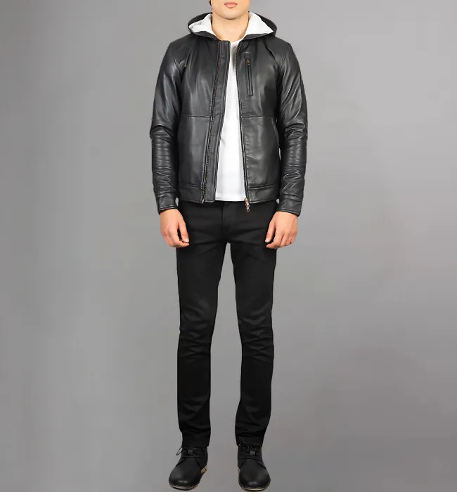 Baston Black Hooded Leather Bomber Jacket