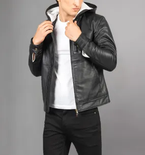 Baston Black Hooded Leather Bomber Jacket