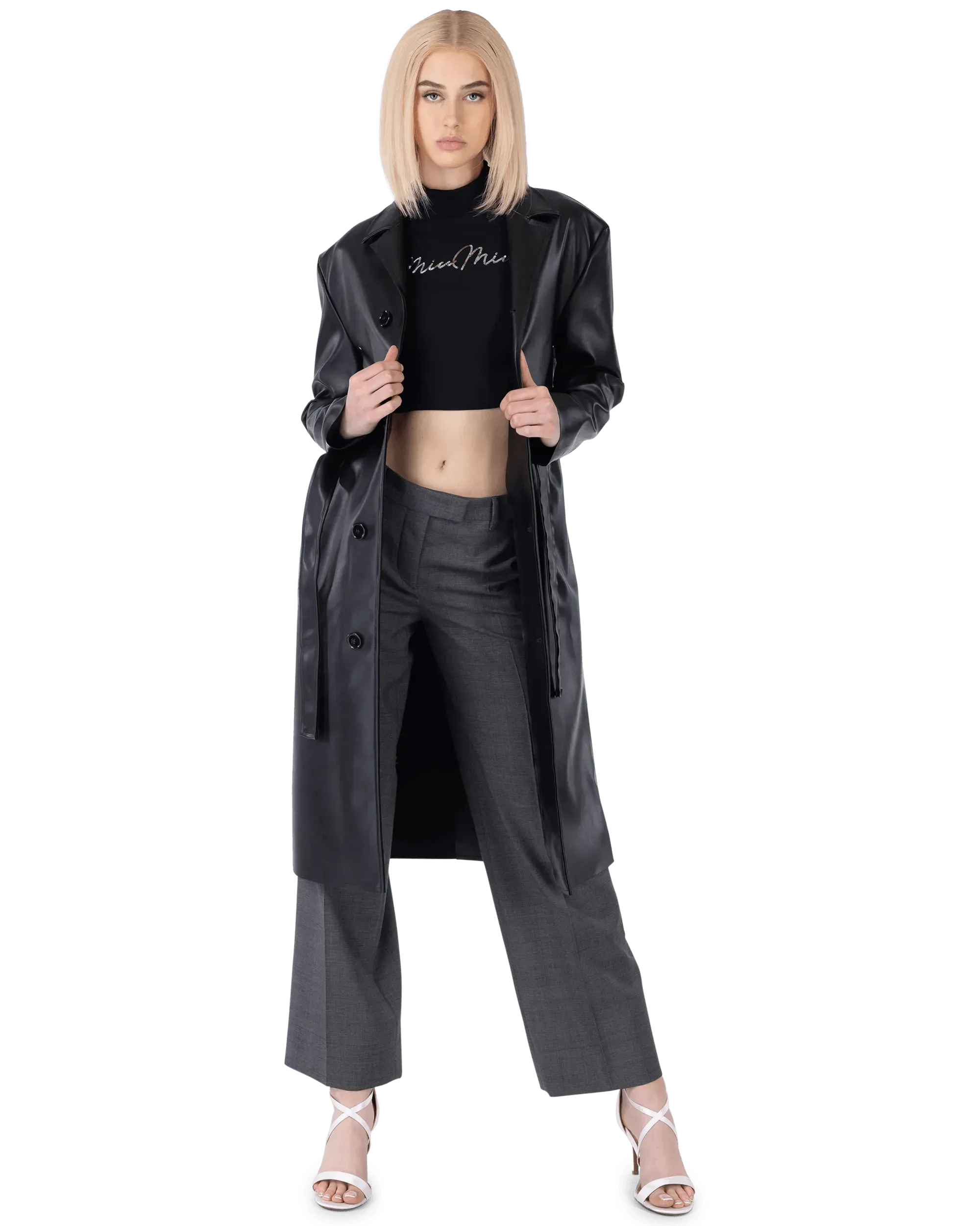 Belted Faux Leather Trench Coat