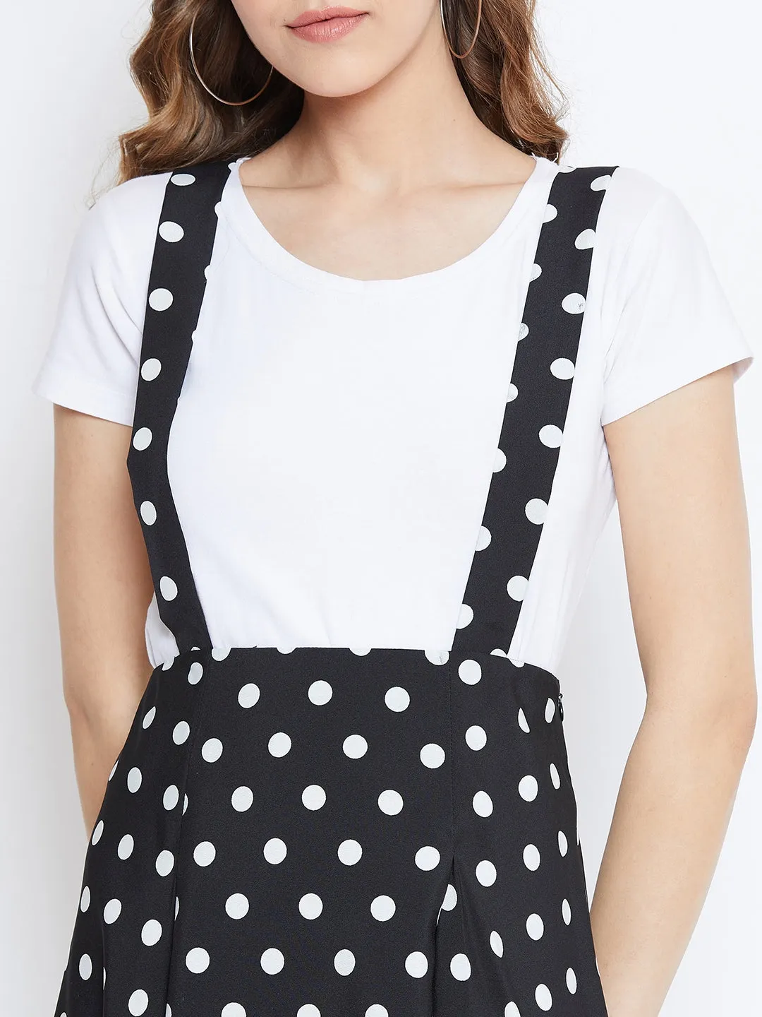 Berrylush Women Black & White Polka Dot Printed Mid-Rise Flared Mini Skirt With Shoulder Straps