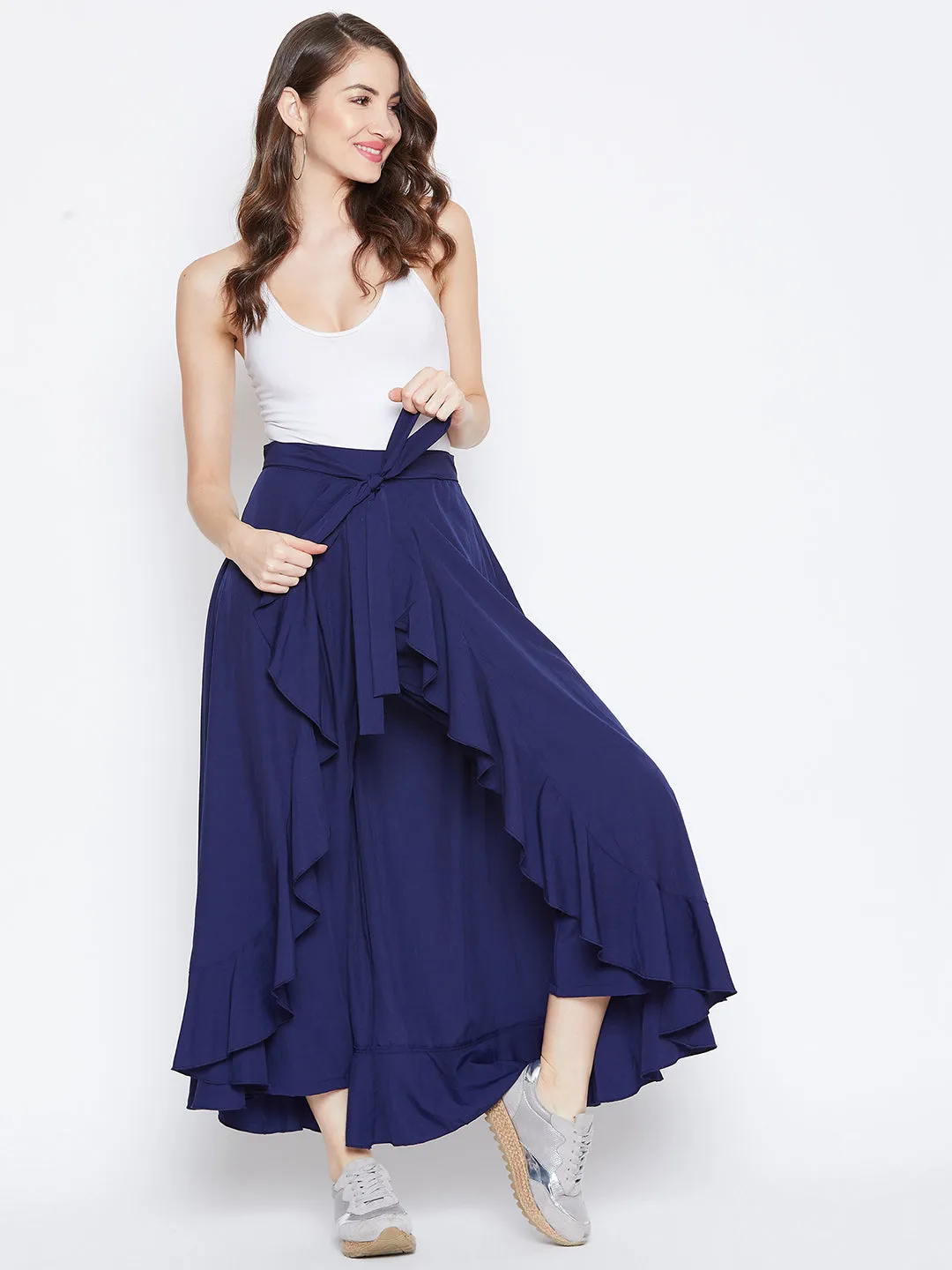 Berrylush Women Solid Navy Blue Waist Tie-Up High-Low Flared Maxi Skirt with Attached Trousers