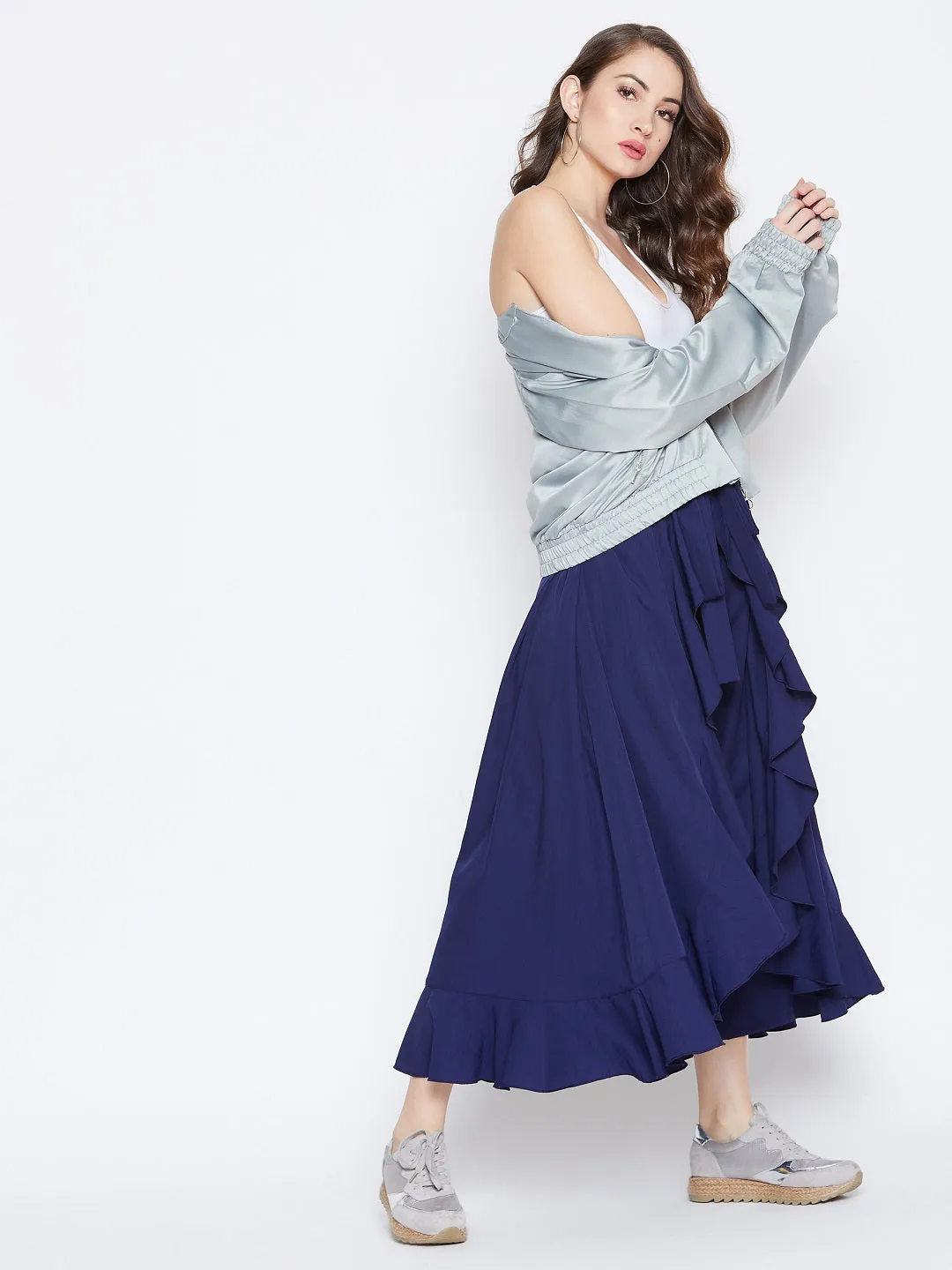 Berrylush Women Solid Navy Blue Waist Tie-Up High-Low Flared Maxi Skirt with Attached Trousers