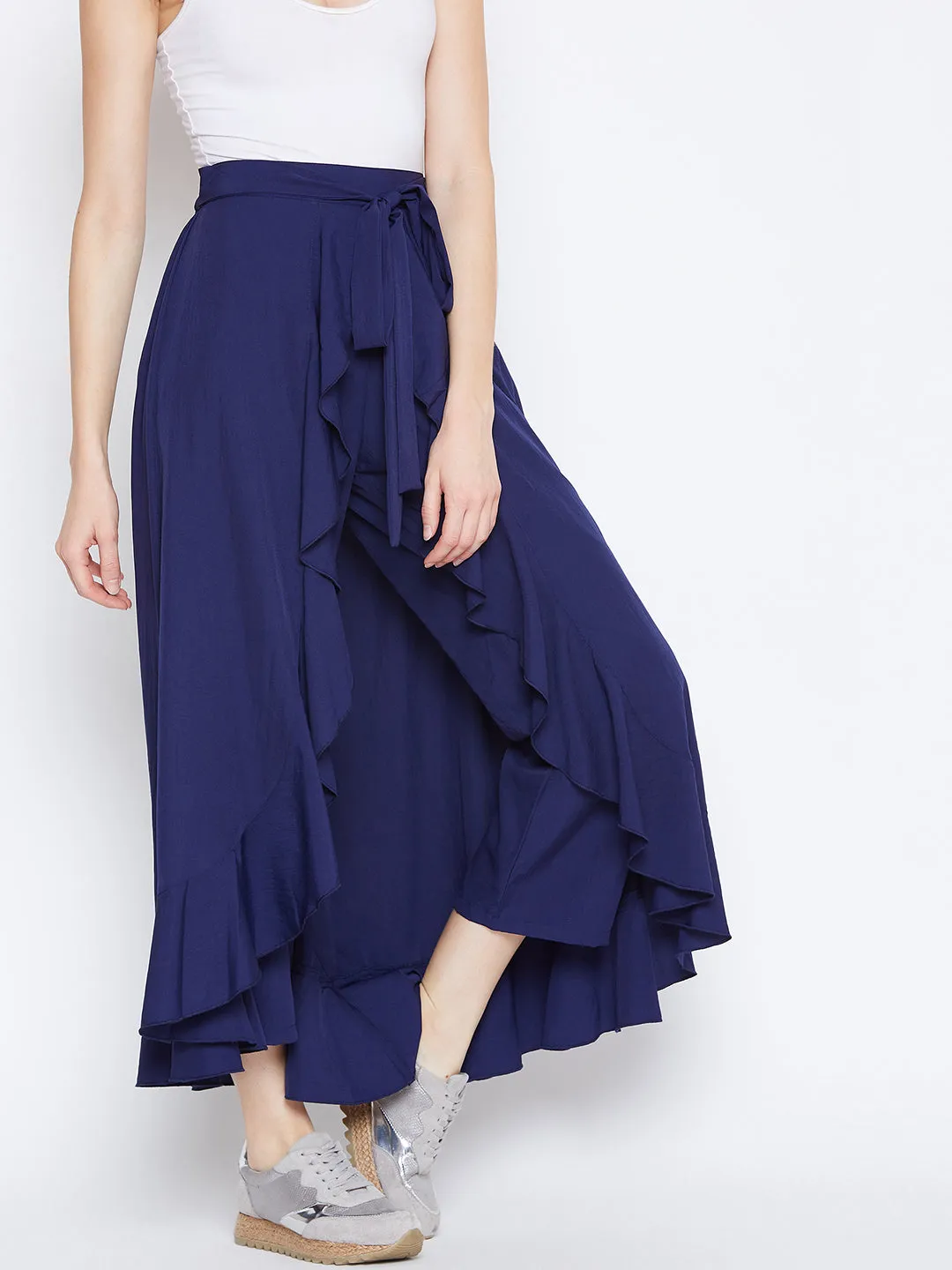 Berrylush Women Solid Navy Blue Waist Tie-Up High-Low Flared Maxi Skirt with Attached Trousers