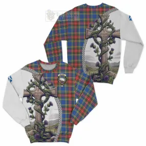 Bethune Tartan Sweatshirt with Family Crest and St. Andrew's Cross Accented by Thistle Vines