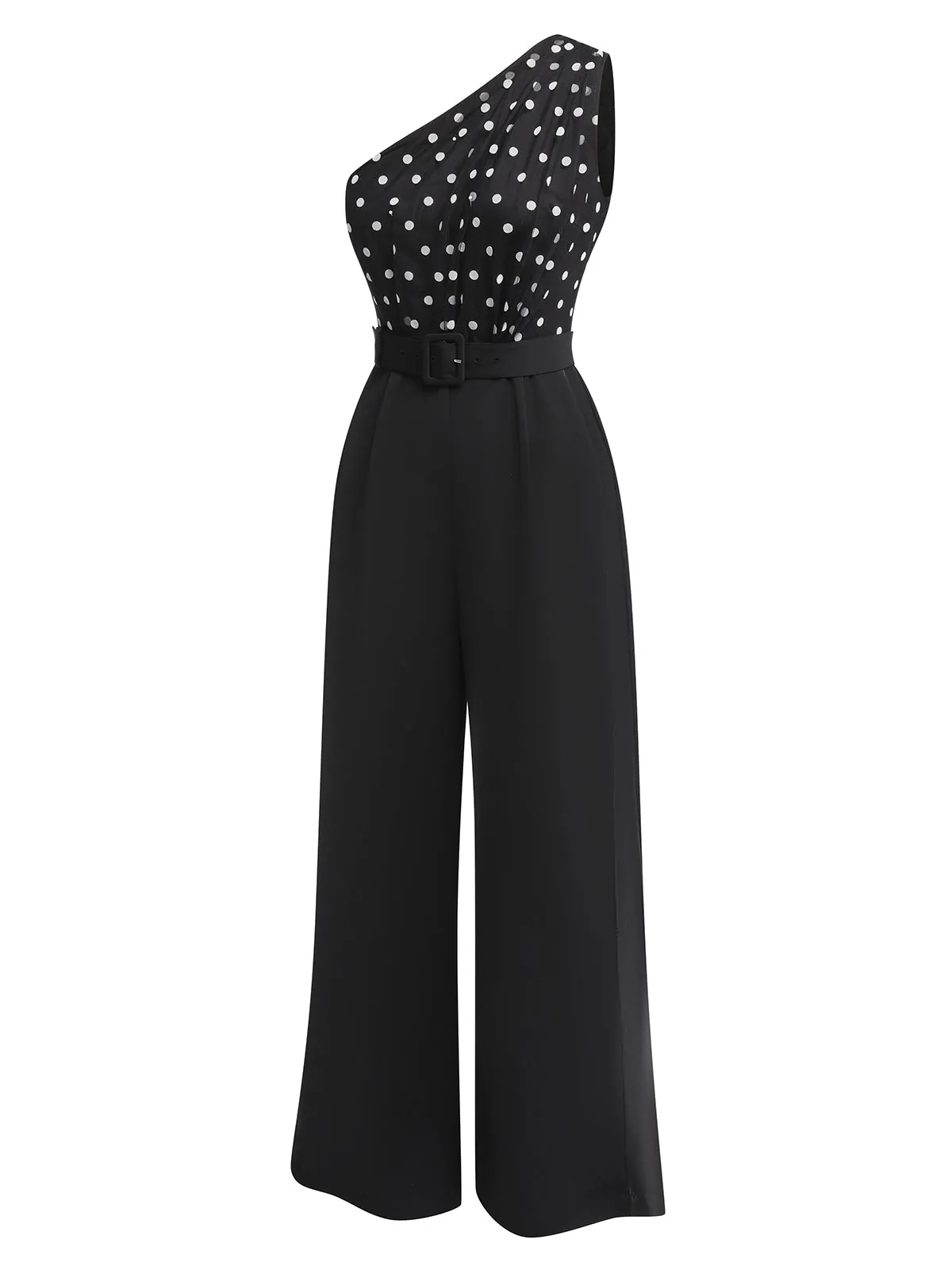 Black 1930s Polka Dots Patchwork Jumpsuit