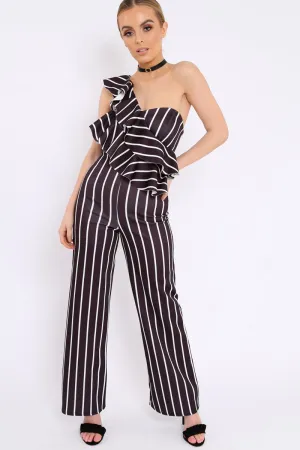 Black Striped One Shoulder Ruffle Jumpsuit - Shelley