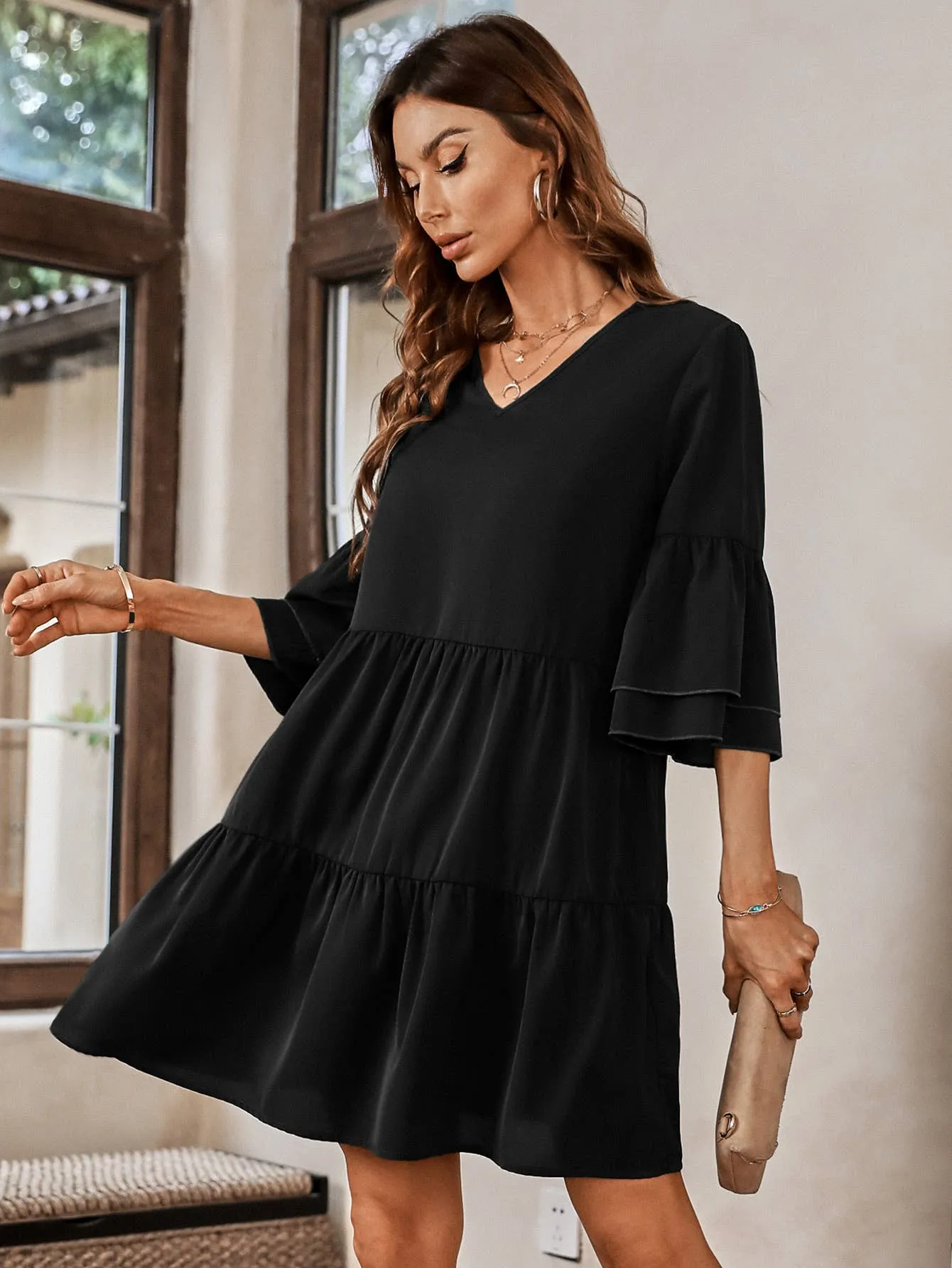 Black Tiered V-Neck Baby Doll Dress