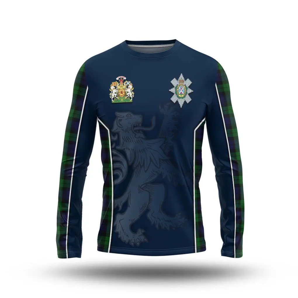 Black Watch Tartan Long Sleeve T-Shirt with Family Crest and Lion Rampant Vibes Sport Style