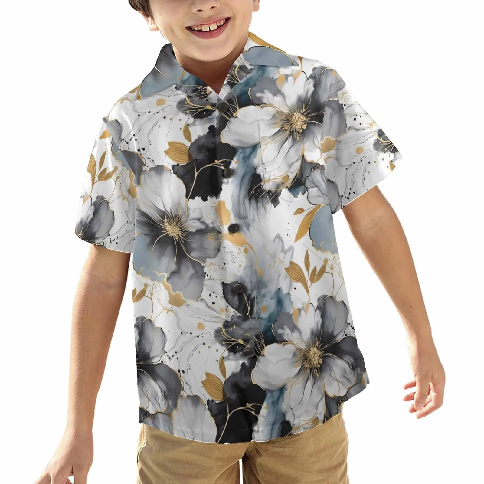 Black White and Gold  Little Boys Hawaiian Shirt