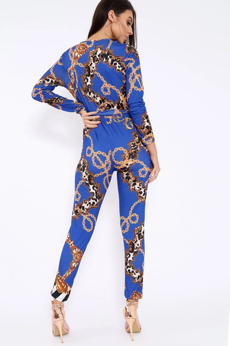 Blue Chain Print V-Plunge Jumpsuit - Talise