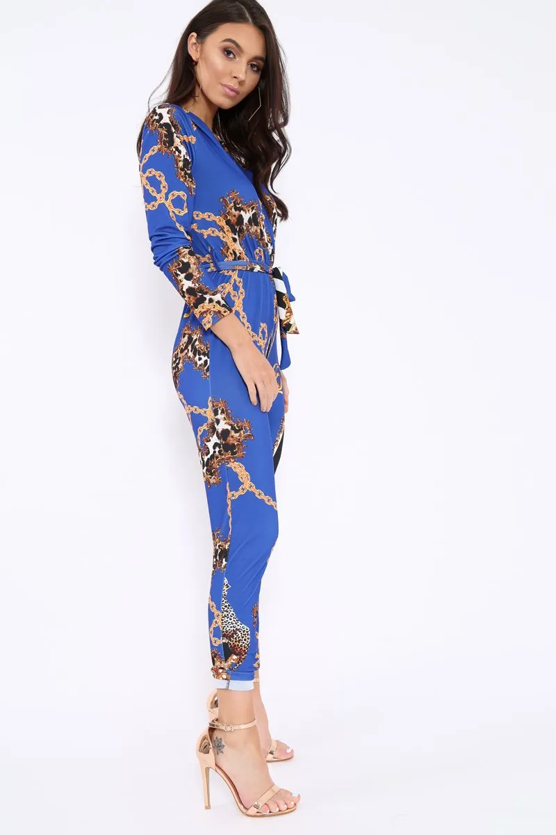 Blue Chain Print V-Plunge Jumpsuit - Talise