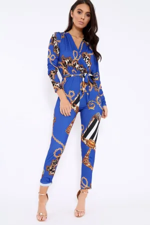 Blue Chain Print V-Plunge Jumpsuit - Talise