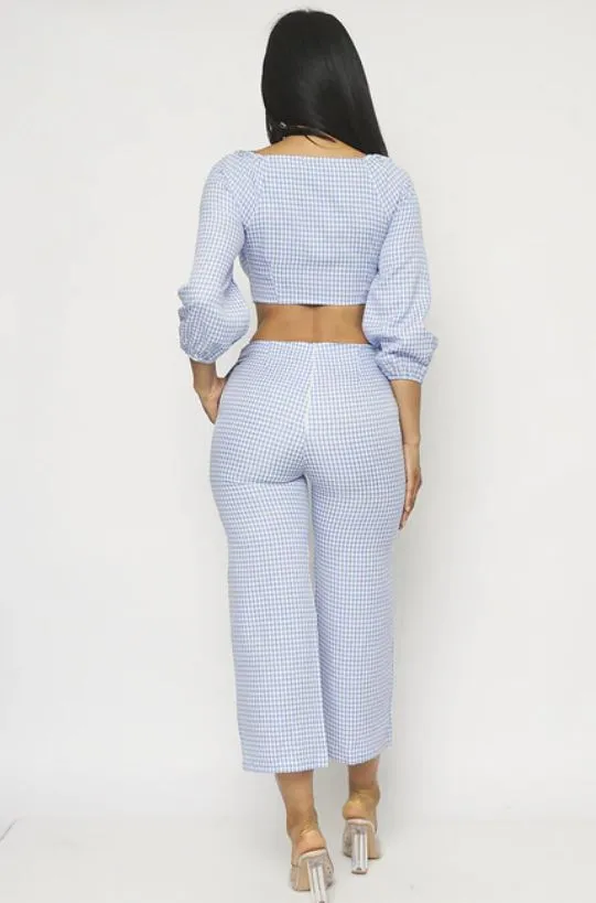 Blue Gingham Crop Top and Pants Set