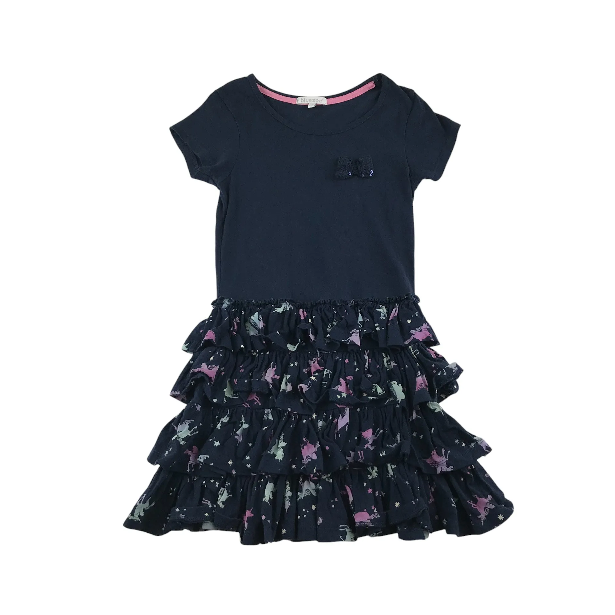 Bluezoo dress 6-7 years Navy t-shirt top with sequin bowtie and unicorn print skirt cotton