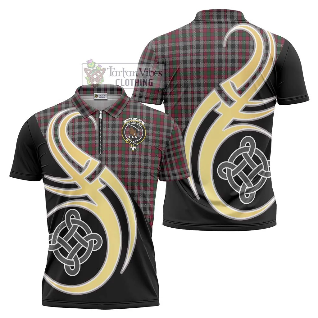 Borthwick Tartan Zipper Polo Shirt with Family Crest and Celtic Symbol Style