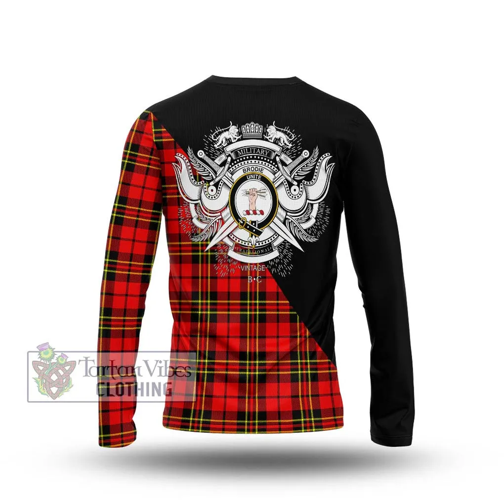 Brodie Modern Tartan Long Sleeve T-Shirt with Family Crest and Military Logo Style