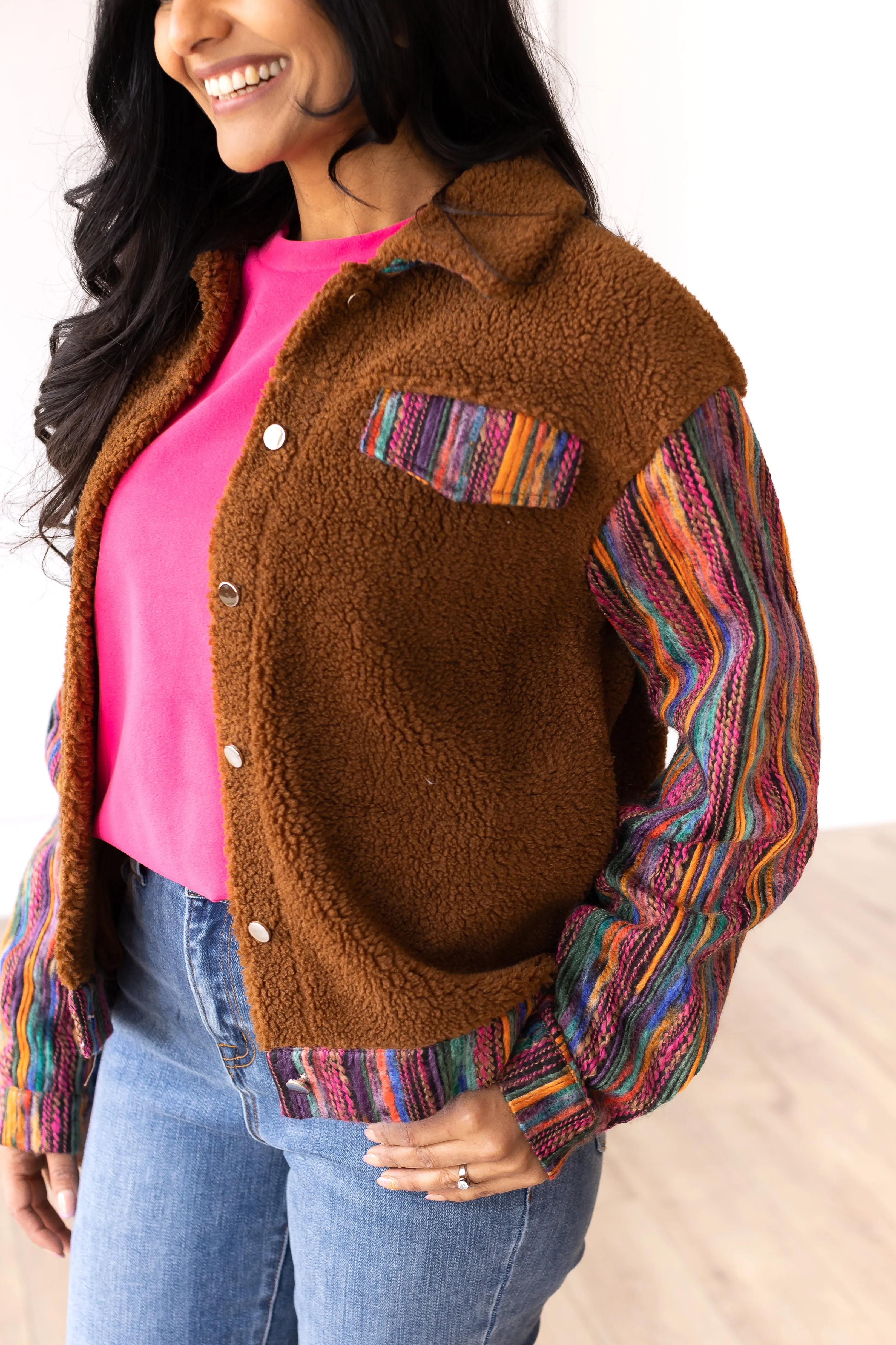 Brown Sherpa with Multi-Colored Sleeves