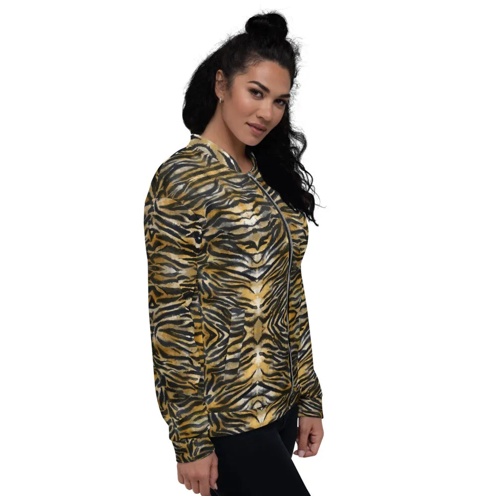 Brown Tiger Stripe Bomber Jacket, Animal Print Unisex Jacket For Men/ Women -Made in EU