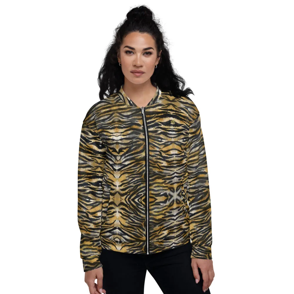 Brown Tiger Stripe Bomber Jacket, Animal Print Unisex Jacket For Men/ Women -Made in EU