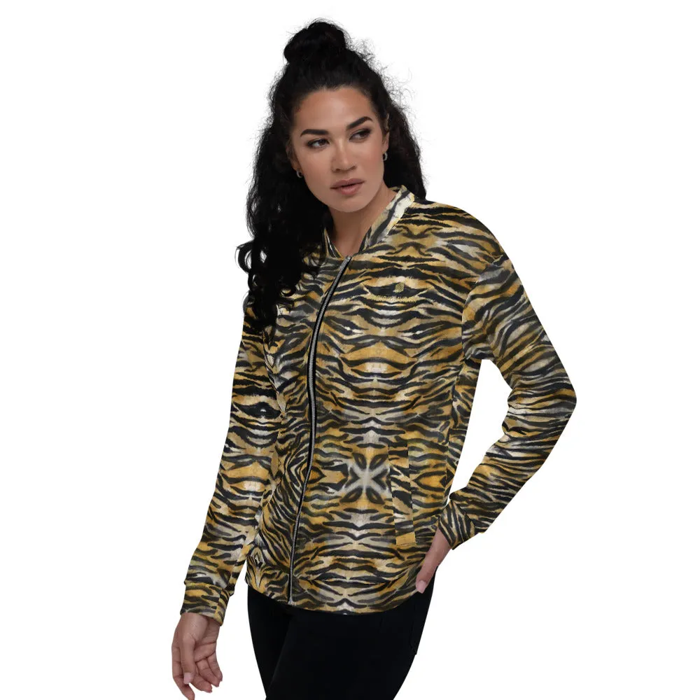 Brown Tiger Stripe Bomber Jacket, Animal Print Unisex Jacket For Men/ Women -Made in EU