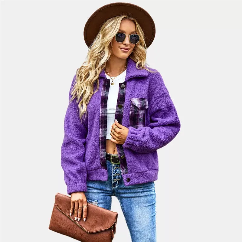 Button Closure Chest Pocket Fuzzy Fleece Sherpa Jacket in Purple