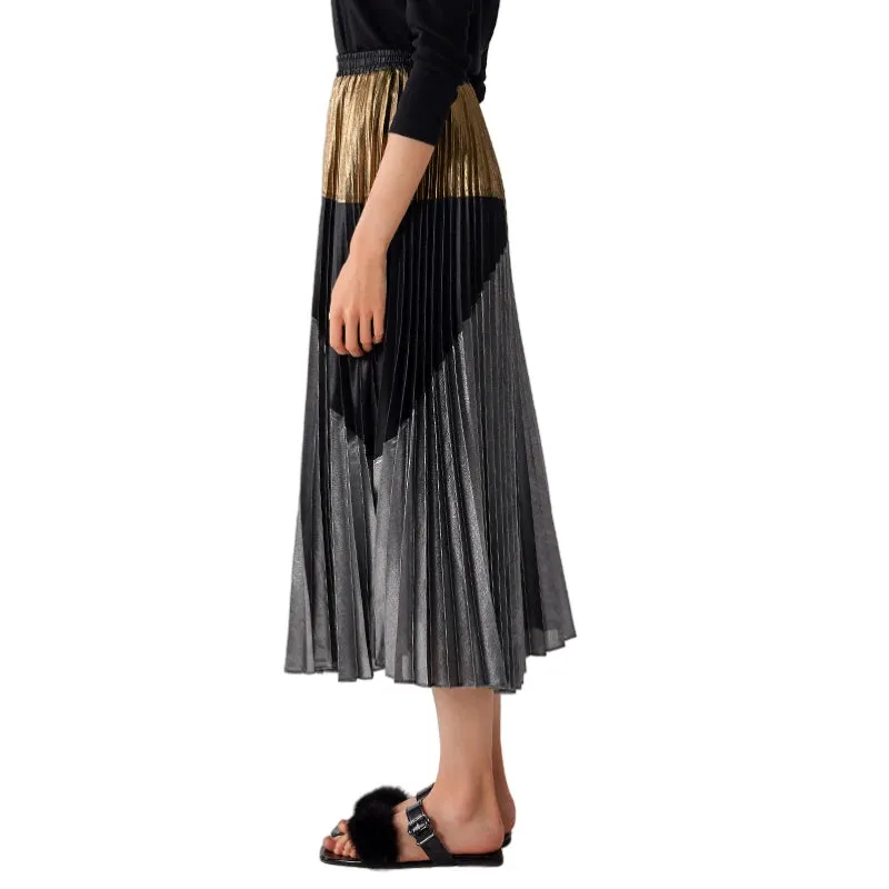 C018 Women metallic printed color-block full circle sunburst pleated evening midi skirt