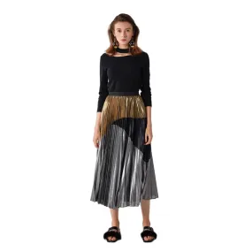 C018 Women metallic printed color-block full circle sunburst pleated evening midi skirt