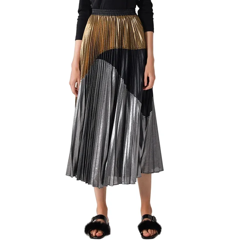 C018 Women metallic printed color-block full circle sunburst pleated evening midi skirt